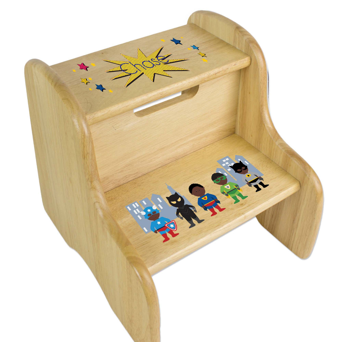 Personalized Natural Two Step Stool With African American Super Hero Design