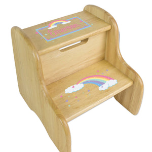 Personalized Natural Two Step Stool With Pastel Rainbow Design