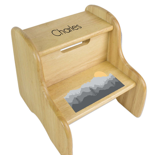Personalized Natural Two Step Stool With Misty Mountain Design