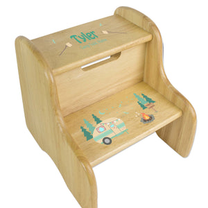 Personalized World Map Blue Natural Two Step Stool