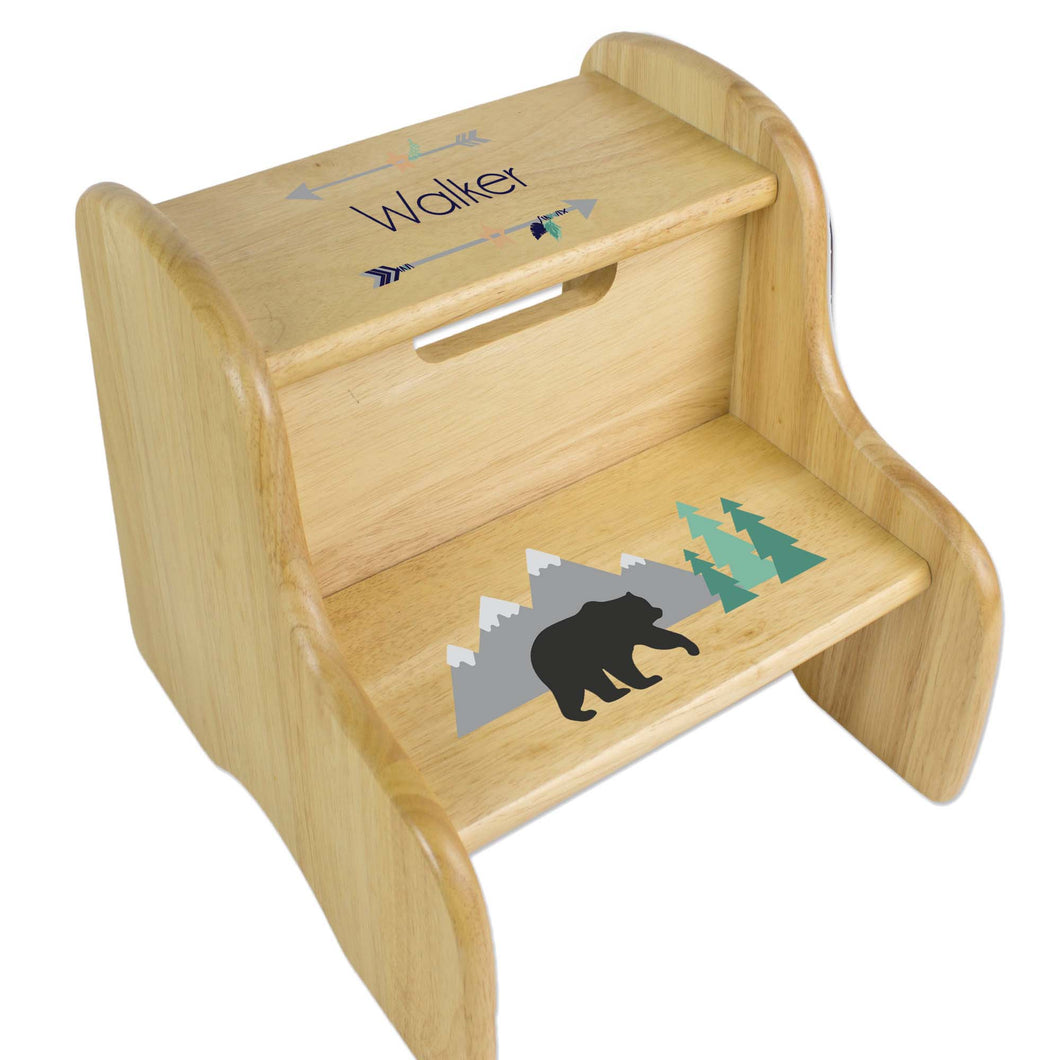 Personalized Mountain Bear Natural Two Step Stool