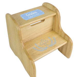 Personalized Cross Garland Light Blue Natural Two Step Stool