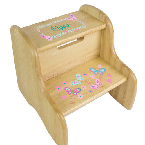 Personalized Natural Two Step Stool With Aqua Butterflies Design