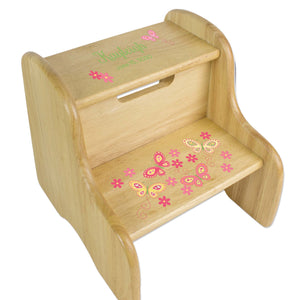 Personalized Stemmed Flowers Natural Two Step Stool