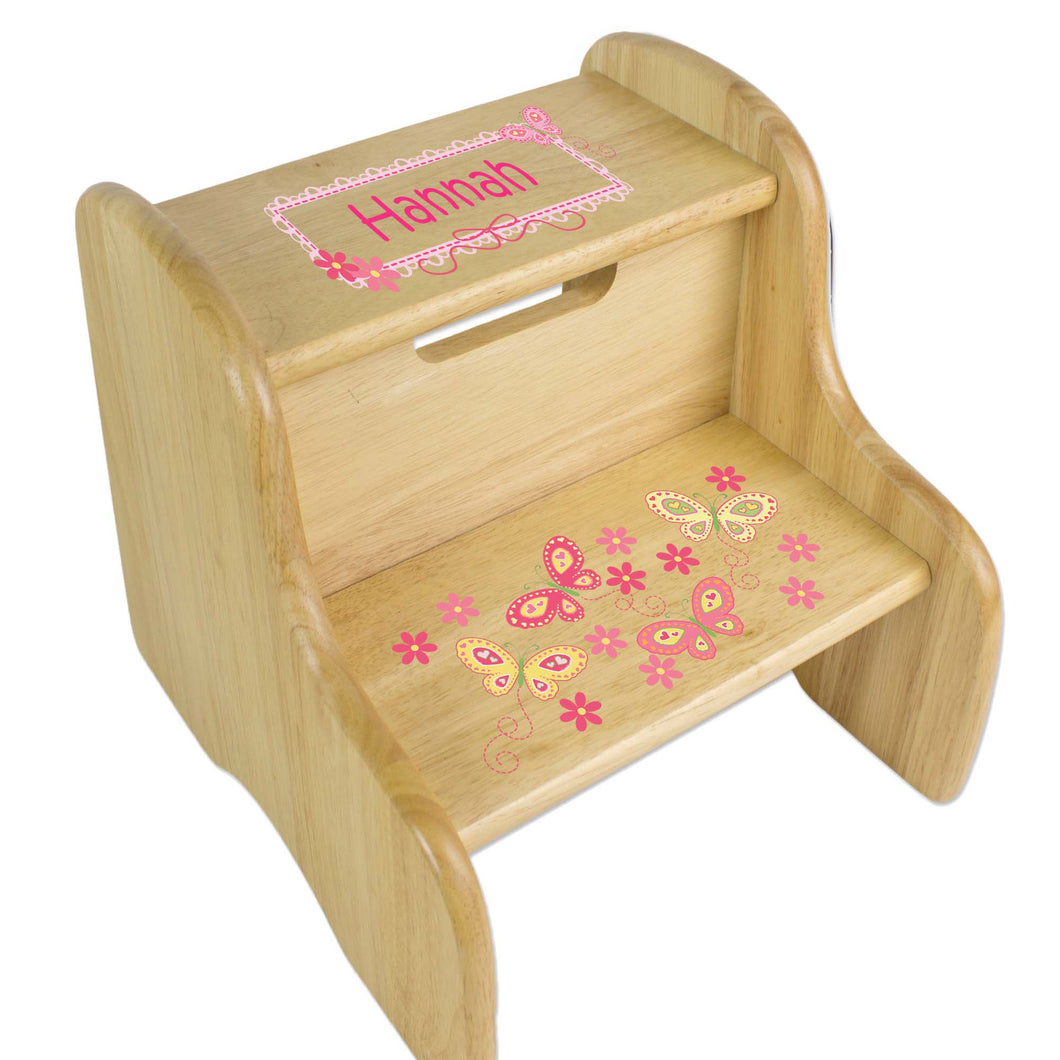 Personalized Natural Two Step Stool With Yellow Butterflies Design