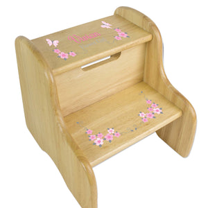 Personalized Pink And Gray Butterflies Natural Two Step Stool