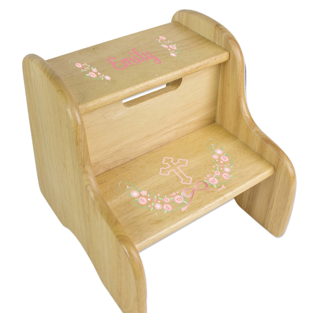 Personalized Floral Garland First Communion Natural Two Step Stool