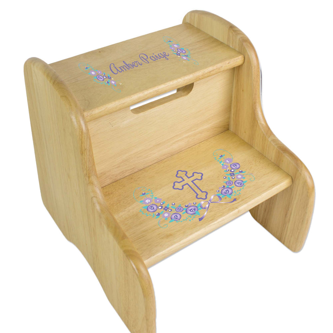 Personalized Holy Cross Lavender Floral Garland Design Fixed Natural Stool