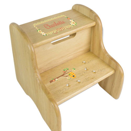 Personalized Natural Two Step Stool With Honey Bees Design