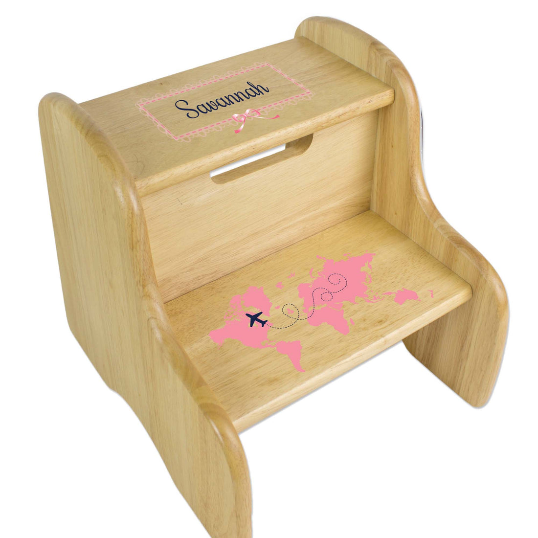 Personalized World Map Pink Natural Two Step Stool