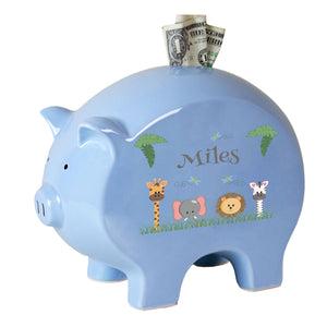 Personalized Safari Animals Blue Piggy Bank