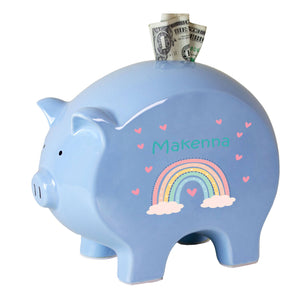 Personalized Boho Rainbow Blue Piggy Bank
