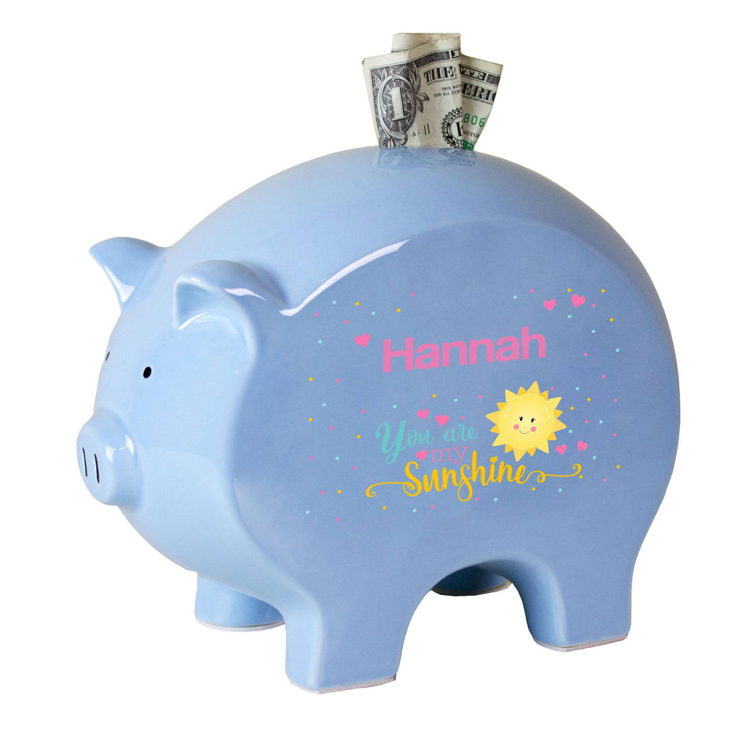Personalized You Are My Sunshine Blue Piggy Bank