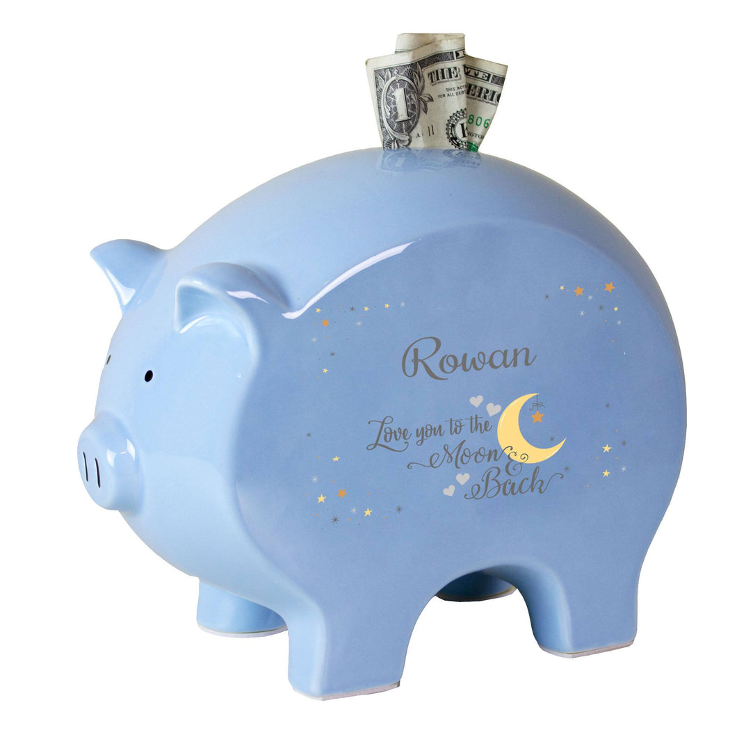 Personalized Moon and Back Blue Piggy Bank