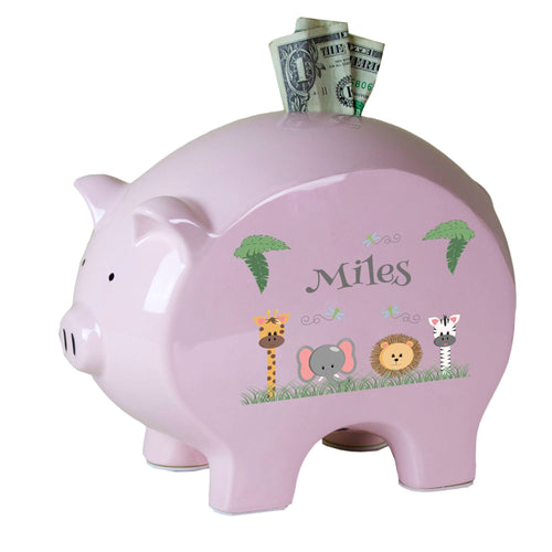 Personalized Safari Animals Pink Piggy Bank