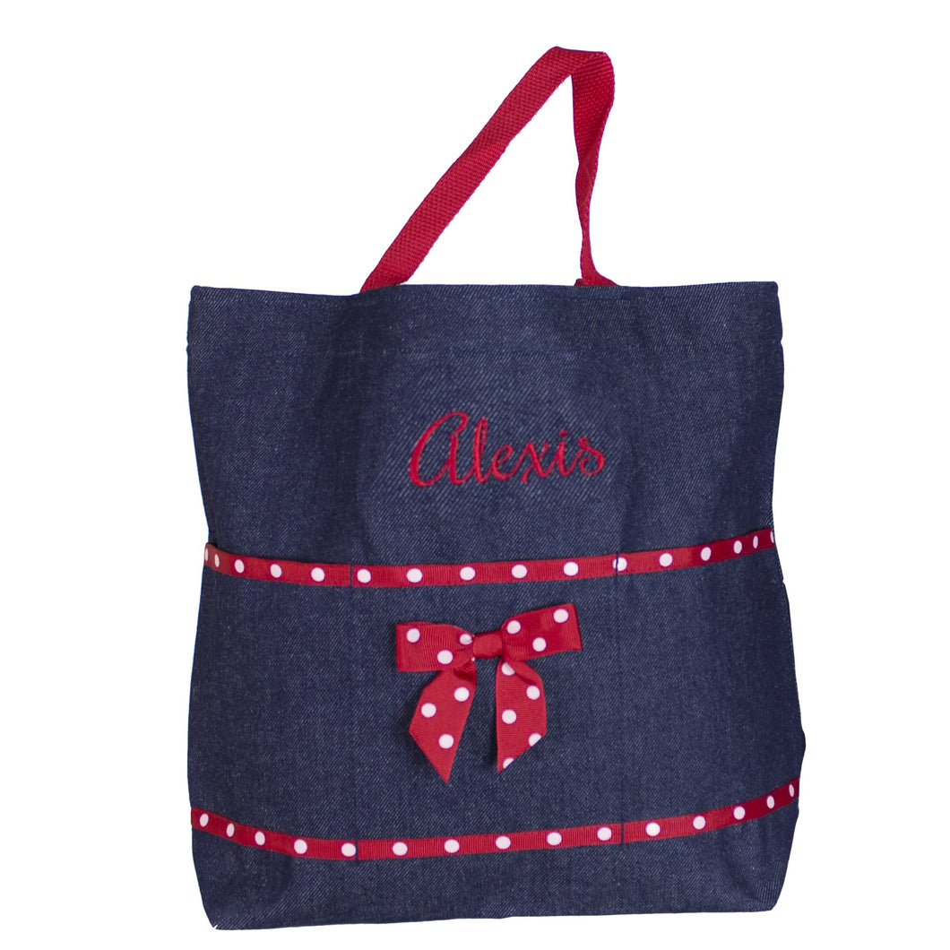 Embroidered Red Denim Tote
