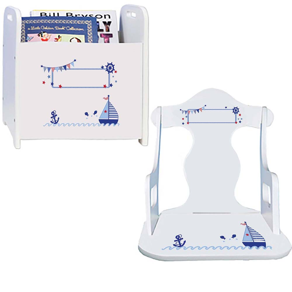 Personalized Boys Sailboat Book Caddy And Puzzle Rocker baby gift set