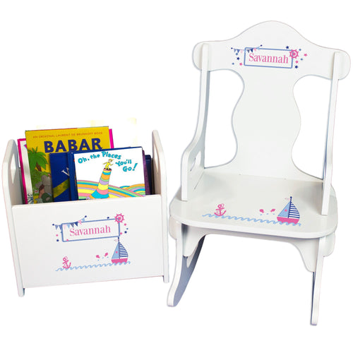 Personalized Pink Sailboat Book Caddy And Puzzle Rocker baby gift set