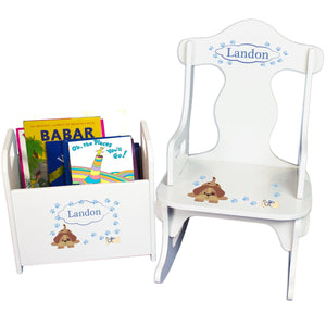 Personalized Blue Puppy Book Caddy And Puzzle Rocker baby gift set
