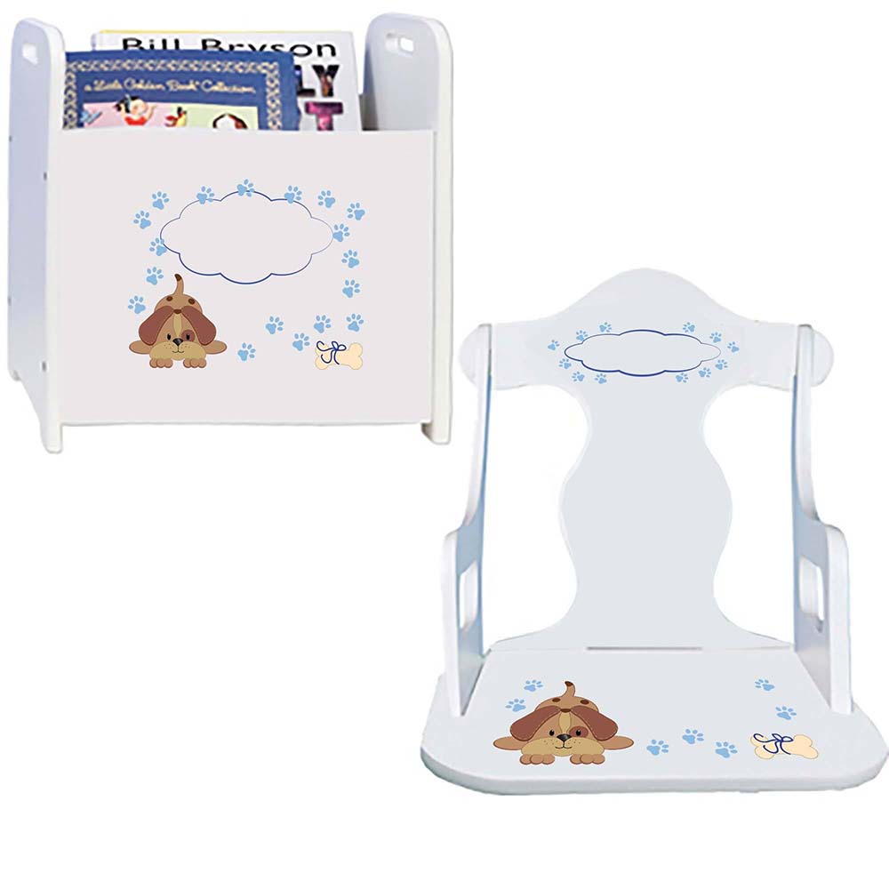 Personalized Blue Puppy Book Caddy And Puzzle Rocker baby gift set