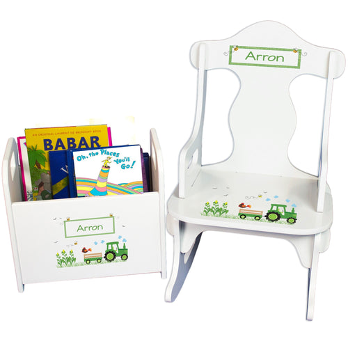 Personalized Green Tractor Book Caddy And Puzzle Rocker baby gift set