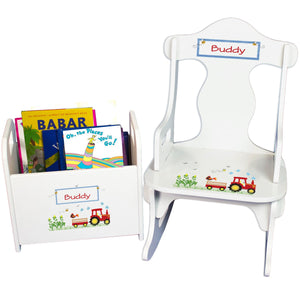 Personalized Red Tractor Book Caddy And Puzzle Rocker baby gift set