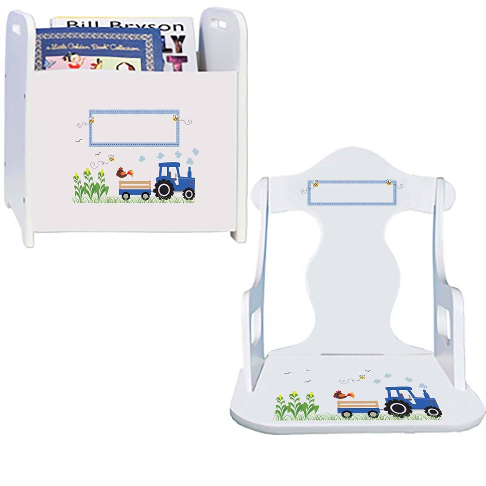 Personalized Puzzle Rocker And Book Caddy baby gift set With Blue Tractor Design
