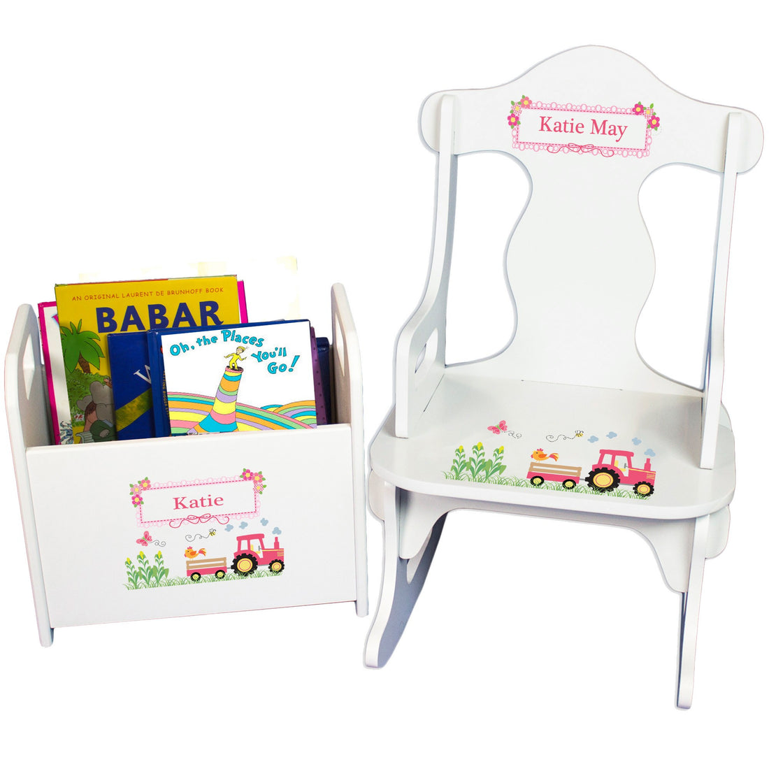Personalized Puzzle Rocker And Book Caddy baby gift set With Pink Tractor Design