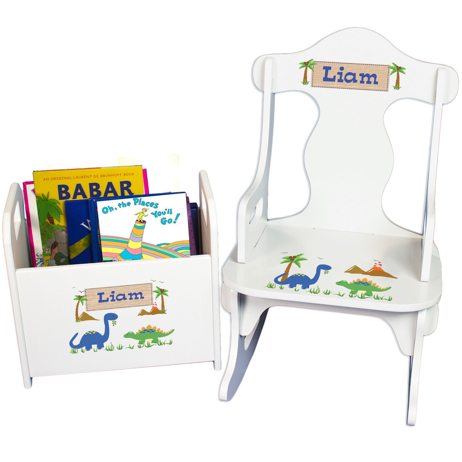Personalized Dinosaurs Book Caddy And Puzzle Rocker Set