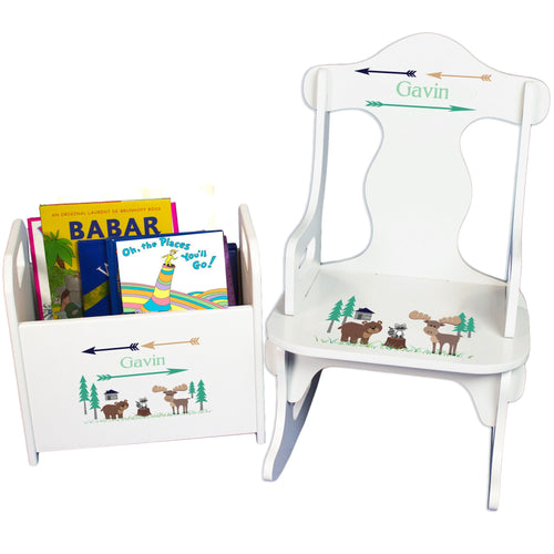 Personalized North Woodland Critters Book Caddy And Puzzle Rocker baby gift set