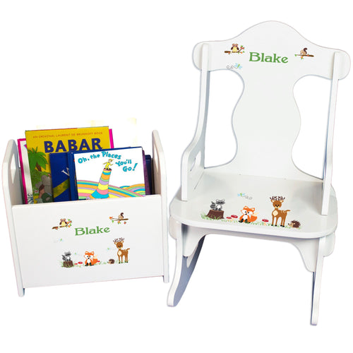 Personalized Green Forest Animal Book Caddy And Puzzle Rocker baby gift set