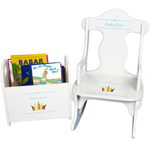Personalized Prince Crown Blue Book Caddy And Puzzle Rocker baby gift set