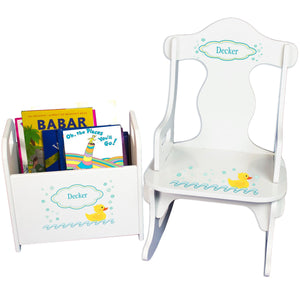 Personalized Rubber Ducky Book Caddy And Puzzle Rocker baby gift set