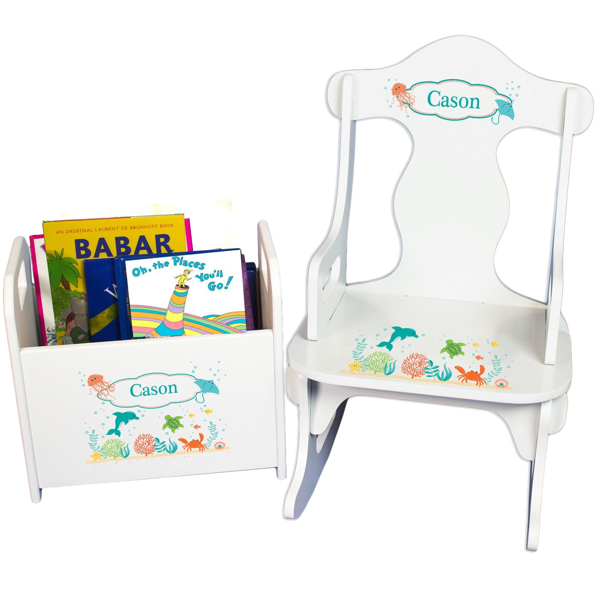 Personalized Sea And Marine Book Caddy And Puzzle Rocker baby gift set