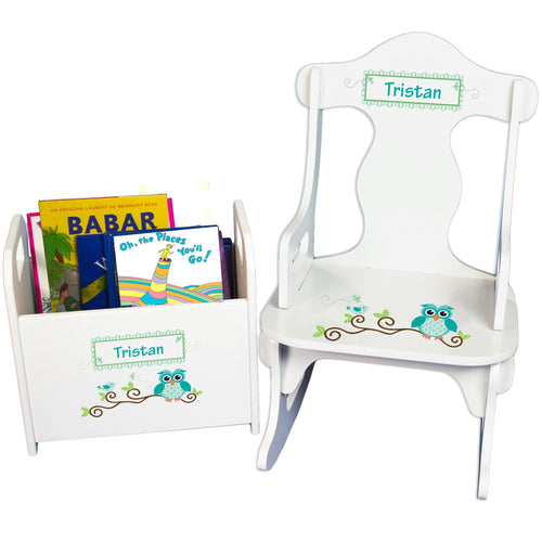 Personalized Blue Gingham Owl Book Caddy And Puzzle Rocker baby gift set