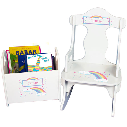 Personalized Puzzle Rocker And Book Caddy baby gift set With Pastel Rainbow Design