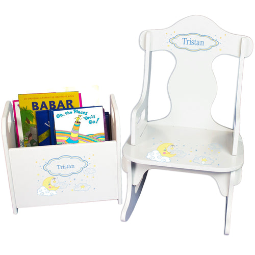 Personalized Puzzle Rocker And Book Caddy baby gift set With Moon And Stars Design
