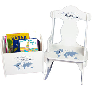 Personalized World Map Blue Rock And Read baby gift set