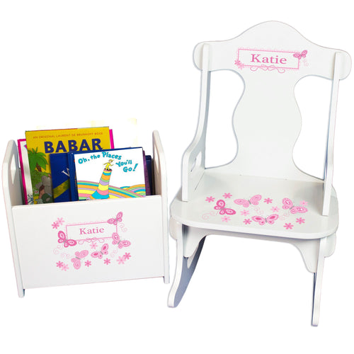 Personalized Puzzle Rocker And Book Caddy baby gift set With Pink Butterflies Design