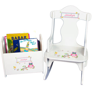 Personalized Pink Owl Book Caddy And Puzzle Rocker baby gift set