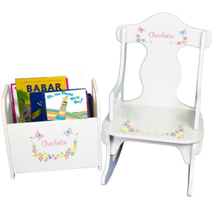 Personalized Pastel Butterfly Garland Book Caddy And Puzzle Rocker baby gift set