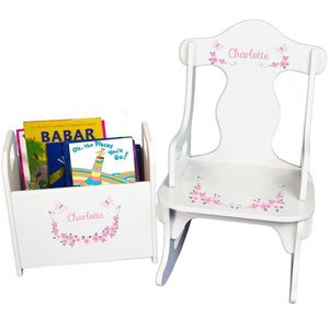 Personalized Pink And Gray Butterflies Book Caddy And Puzzle Rocker baby gift set