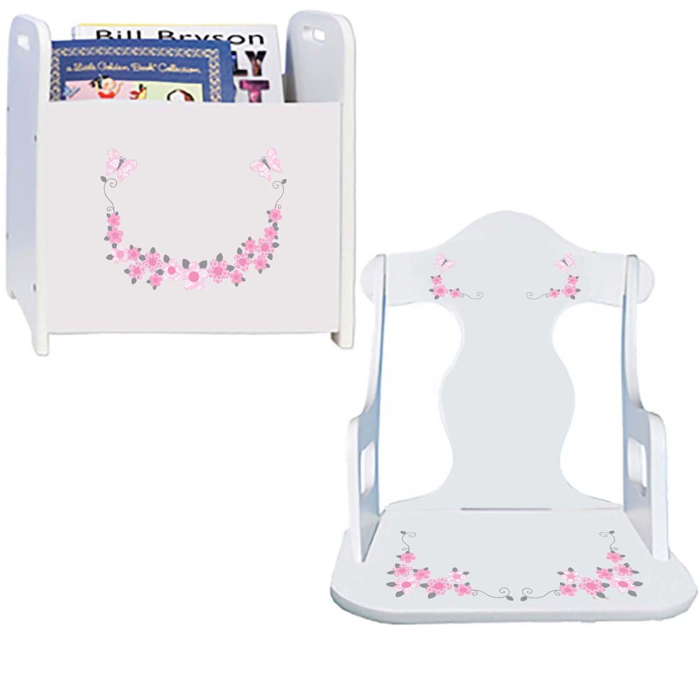 Personalized Pink And Gray Butterflies Book Caddy And Puzzle Rocker baby gift set