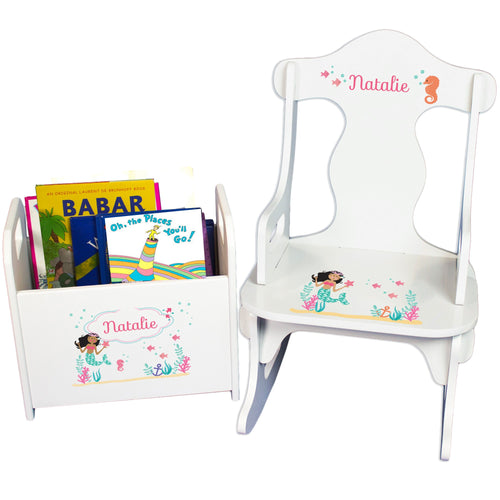 Personalized African American Mermaid Princess Book Caddy And Puzzle Rocker baby gift set