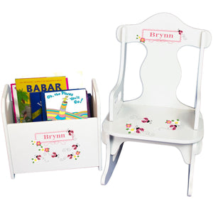 Personalized Pink Ladybugs Book Caddy And Puzzle Rocker baby gift set
