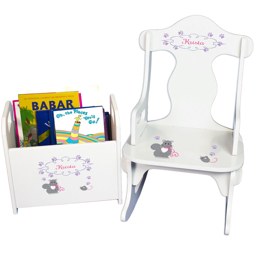 Personalized Kitty Cat Book Caddy And Puzzle Rocker baby gift set