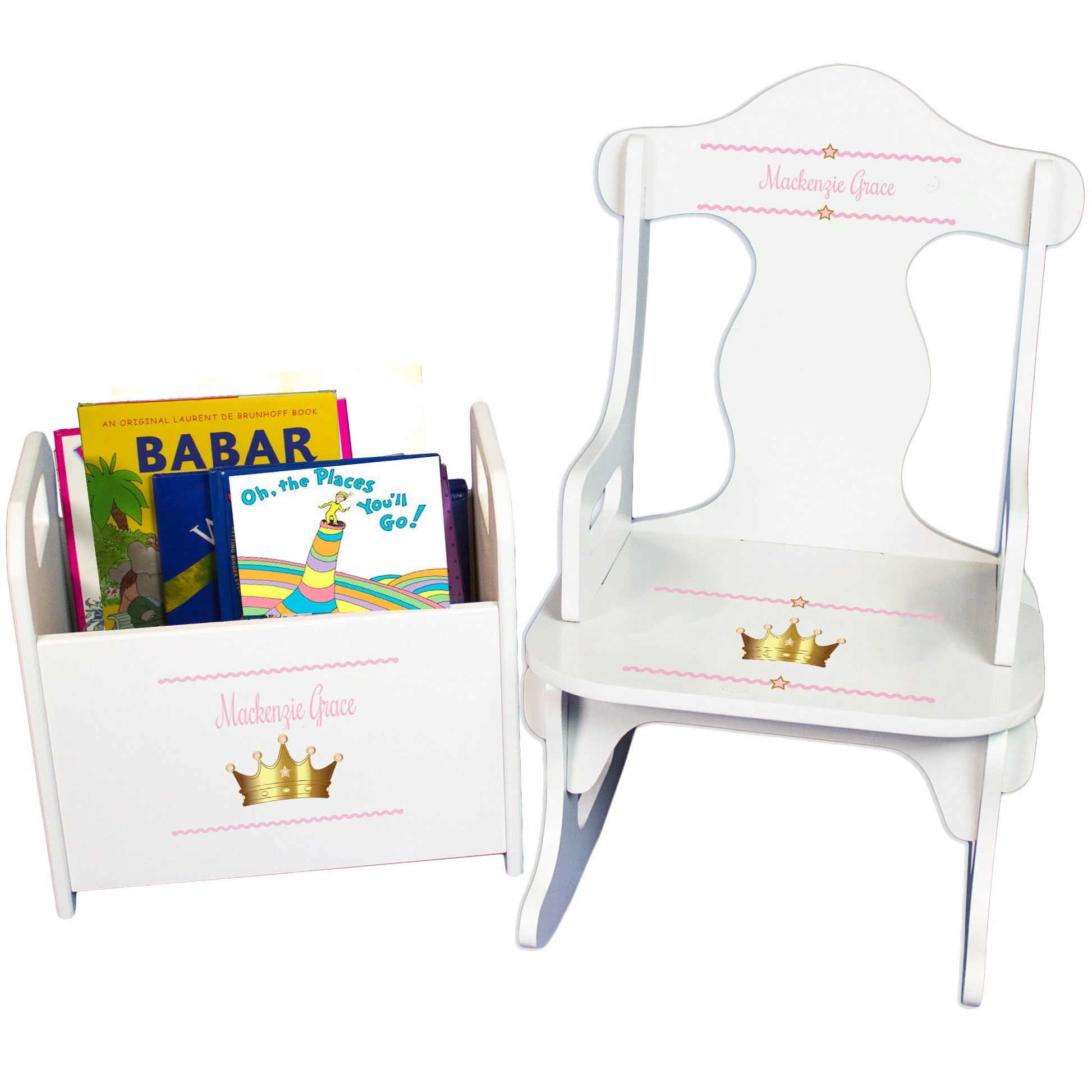 Personalized Pink Princess Crown Book Caddy And Puzzle Rocker baby gift set