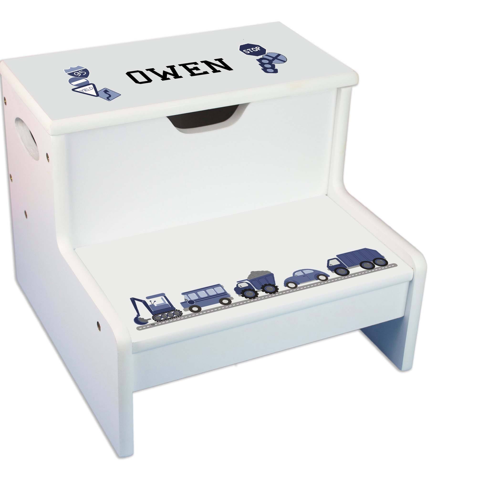 Personalized Transportation White Storage Step Stool Personalized Gifts My Bambino