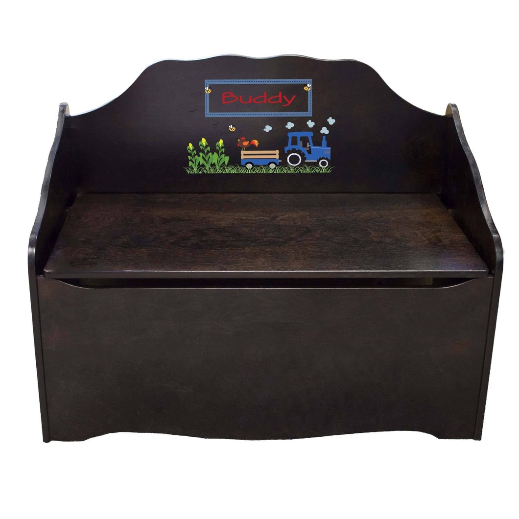 Personalized Blue Tractor Espresso Toy Chest