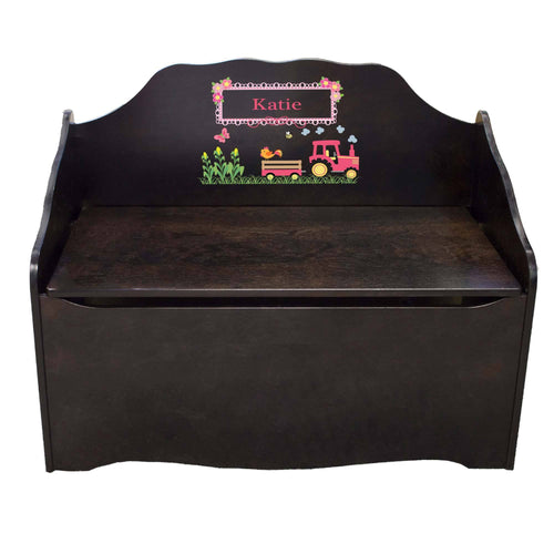 Personalized Pink Tractor Espresso Toy Chest